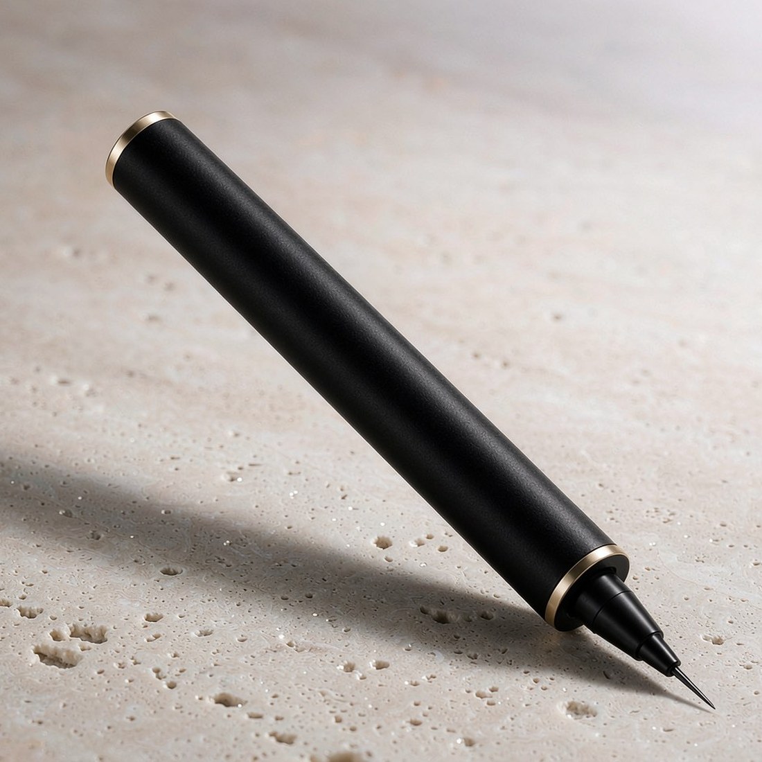 Slim automatic eyeliner pen in matte black with champagne gold collar