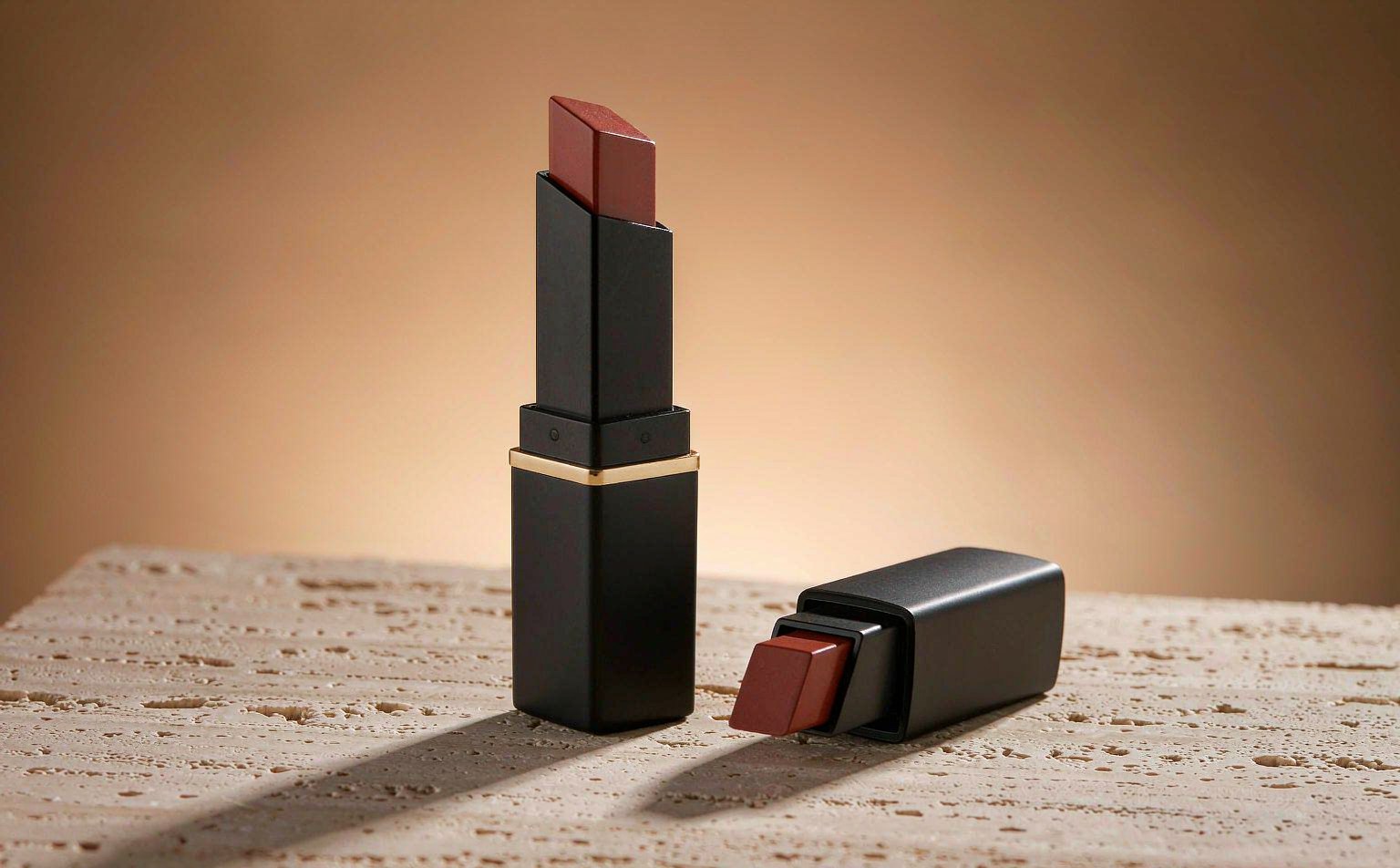Custom magnetic lipstick case in matte black with gold hot stamping
