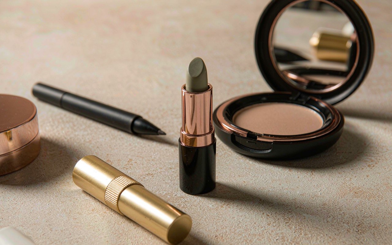 Premium empty cosmetic packaging components — lipstick, lip gloss, eyeliner and powder compact — arranged on a warm beige surface
